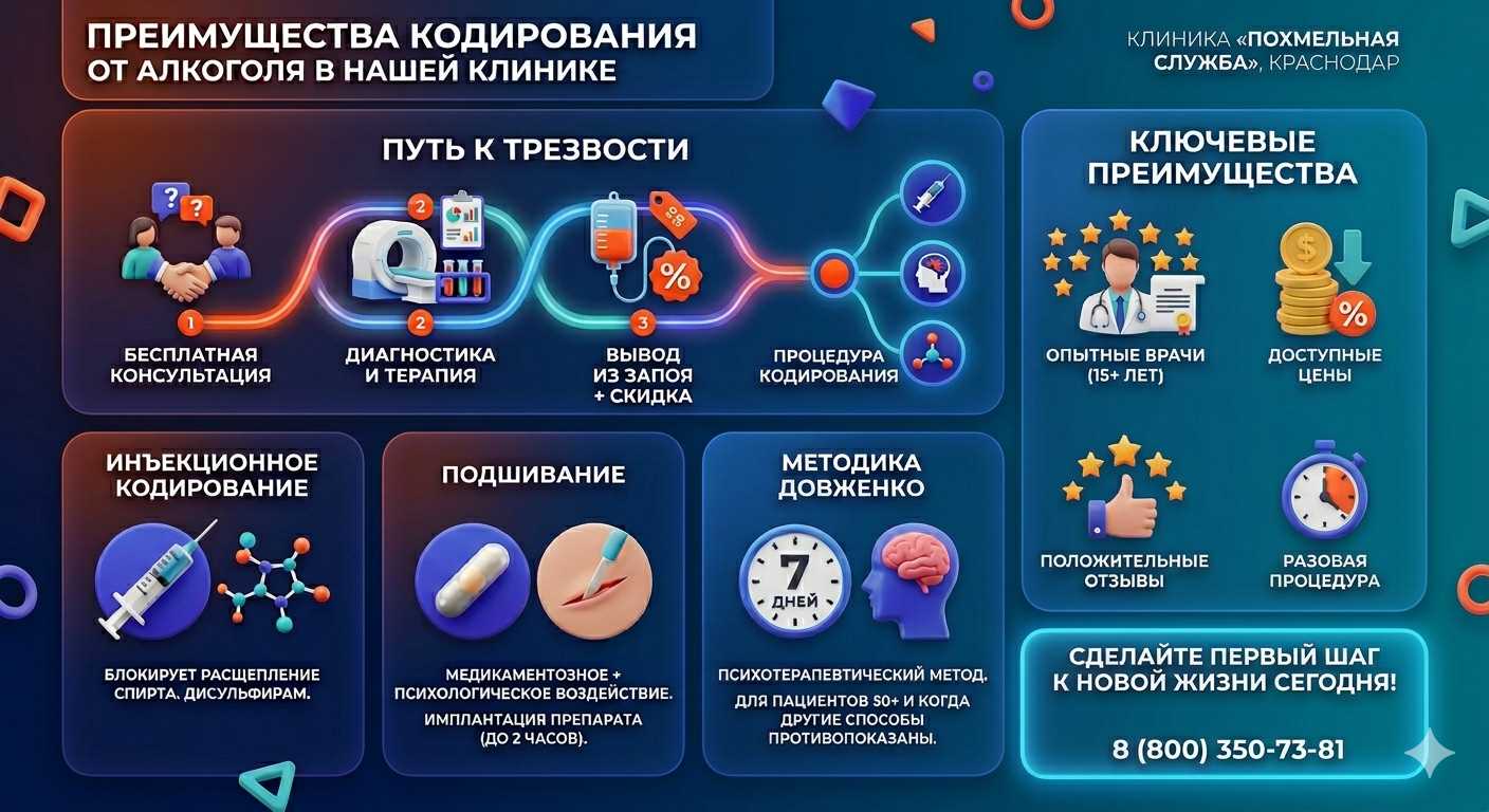 Инфографика о методах кодирования от алкоголя в Кашине: инъекции, подшивание, метод Довженко. Преимущества клиники и этапы лечения.