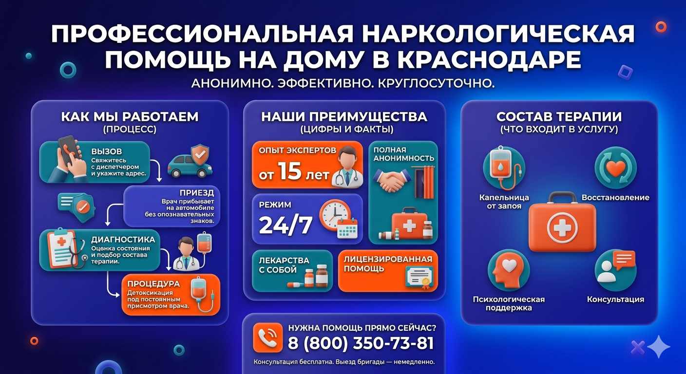 Инфографика о принципах лечения алкоголизма на дому в Кашине: этапы вызова нарколога, преимущества анонимной детоксикации и состав медицинской помощи.